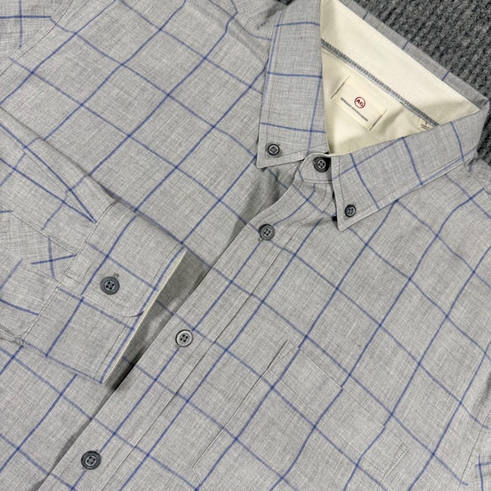 AG Adriano Goldschmied Mens Large Grey Blue Windowpane Plaid Button Down Shirt